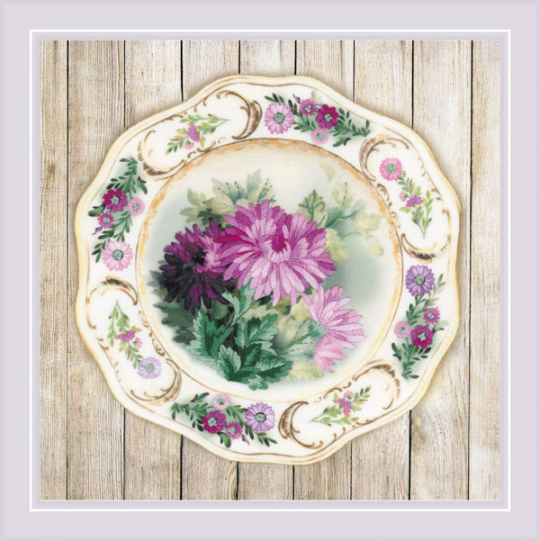 Plate with Chrysanthemums - Riolis Satin Stitch Kit with Pre-Printed Background  0076PT
