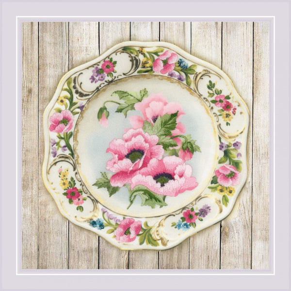 Plate with Pink Poppies - Riolis Satin Stitch Kit with Pre-Printed Background 0075PT