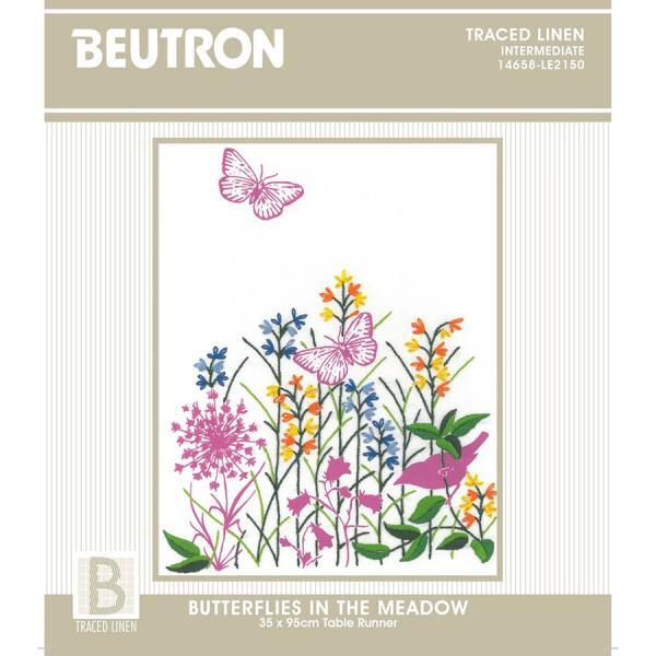 Traced Linen Table Runner - Butterflies in The Meadow 35cm x 95cm by Beutron