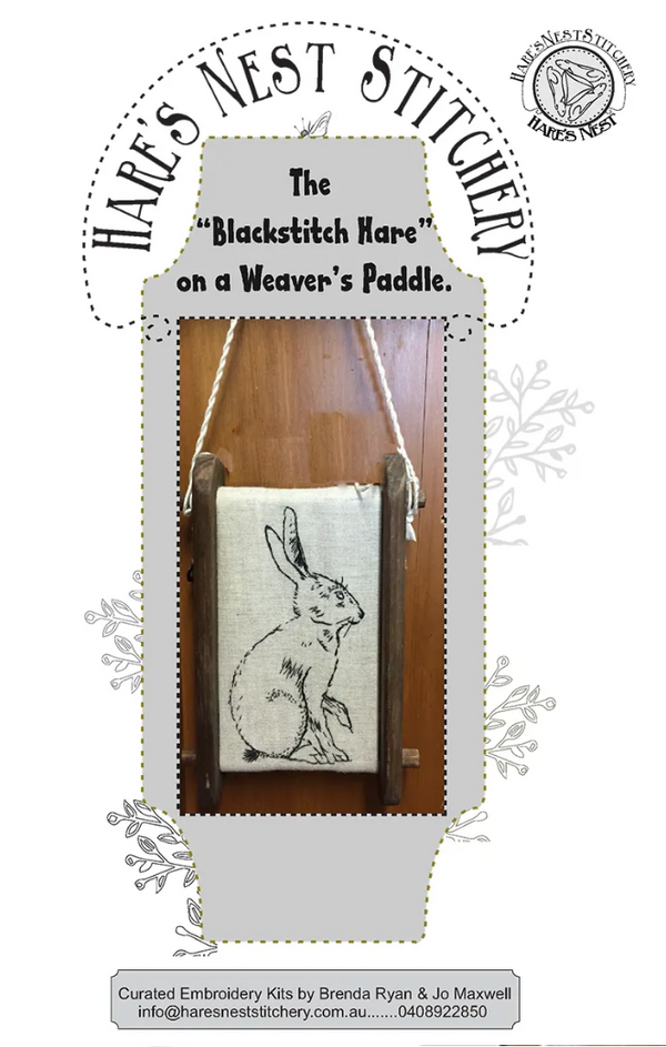 Blackstitch Hare on a Weaver's Paddle - Kit by Hare's Nest Stitchery