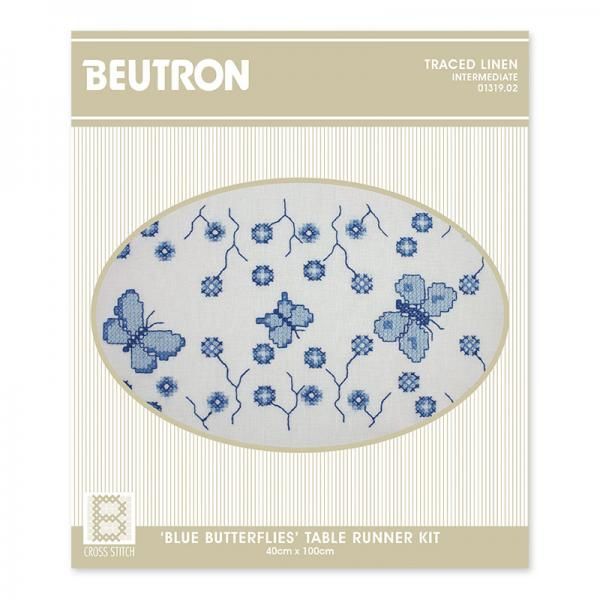 Blue Butterflies Table Runner Kit - Traced Linen 01319.02 - Cross Stitch by Beutron