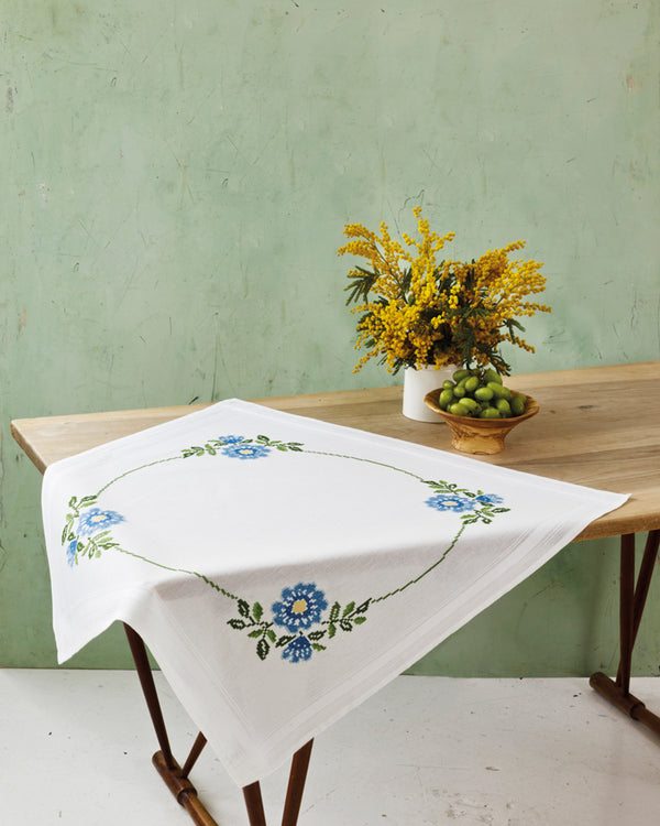 Blue Flowers Table Topper Printed Cross Stitch Kit by Permin 27-2583