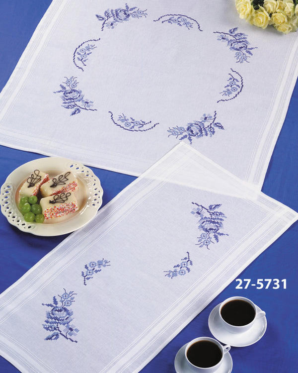 Blue Roses Table Topper Printed Cross Stitch Kit by Permin 27-5731