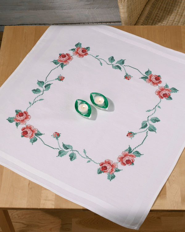 Roses (Pale) Table Topper Printed Cross Stitch Kit by Permin 27-6851