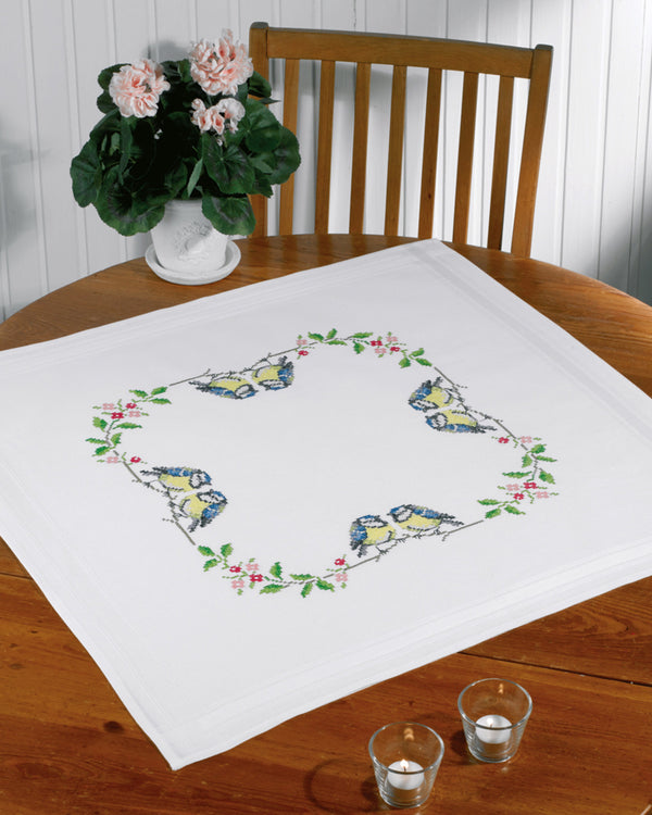 Blue Birds Table Topper Printed Cross Stitch Kit by Permin 27-7804
