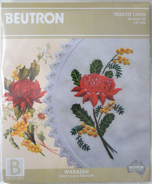 Waratah 30cm Traced Linen Round Tray Cloth Kit 587108 by Beutron