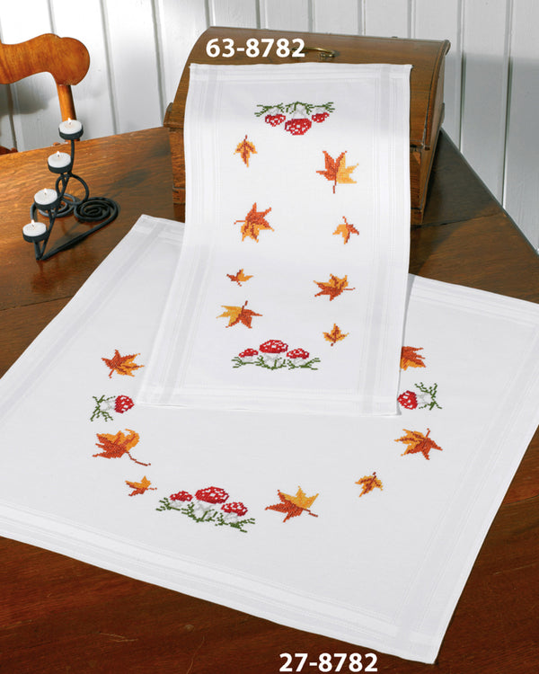 Mushroom & Leaves Table Runner Printed Cross Stitch Kit by Permin 63-8782
