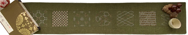 Seven Treasures Table Runner Moss Green Sashiko Kit (119cm x 25cm)