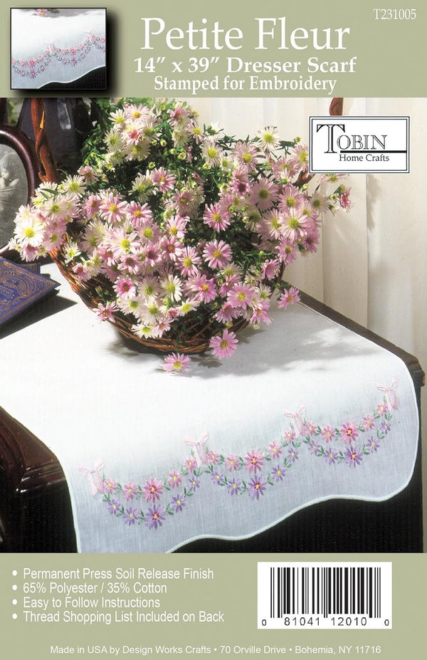 Petite Fleur Table Runner (Dresser Scarf) - Stamped Embroidery by Tobin Home Crafts - T231005
