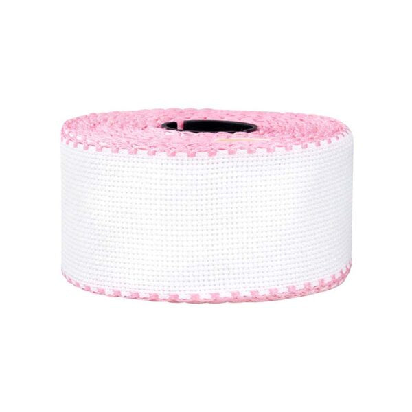 Zweigart Aida Band 5cm Wide - 16 Count - White with Pink Edge (per 50cm)