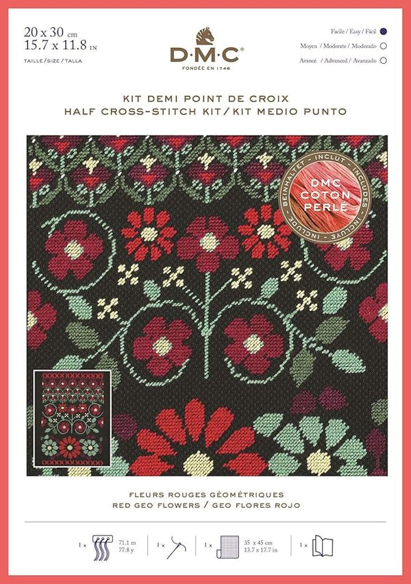Red Geo Flowers Half Cross Stitch Kit by DMC BK1784
