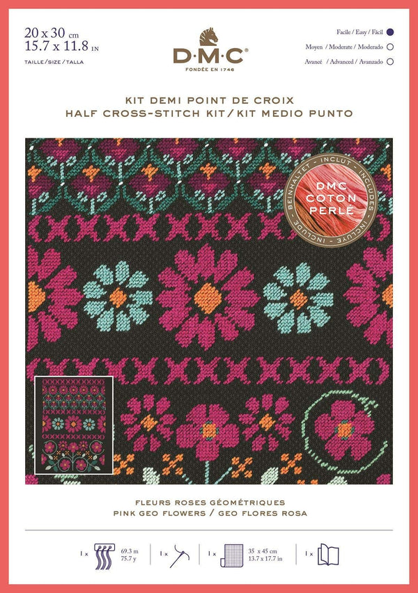 Pink Geo Flowers Half Cross Stitch Kit by DMC BK1785