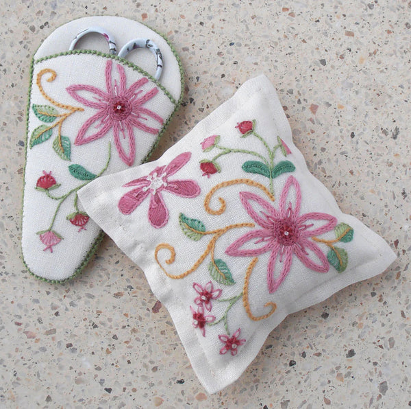 Dahlia Pin Cushion & Scissor Sheath - Crewel Embroidery Kit by Anna Scott