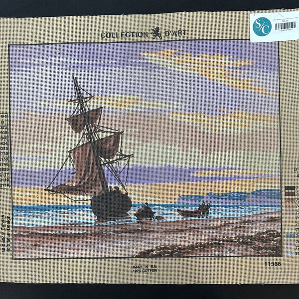 Beach with Ship - Tapestry Canvas by Collection D'Art 11566