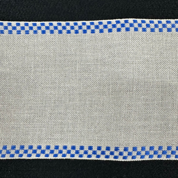 Linen Band 12cm Wide - Natural with Blue Check Edge (per 50cm)