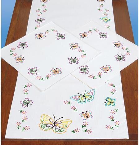 Fluttering Butterflies Perle Edge Scarf & Doilies Set Stamped Embroidery by JDNA 448-143