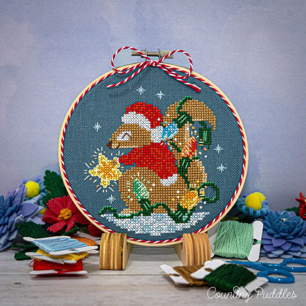 Squirrel's Bright Winter Night Ornament Cross Stitch Pattern by Counting Puddles