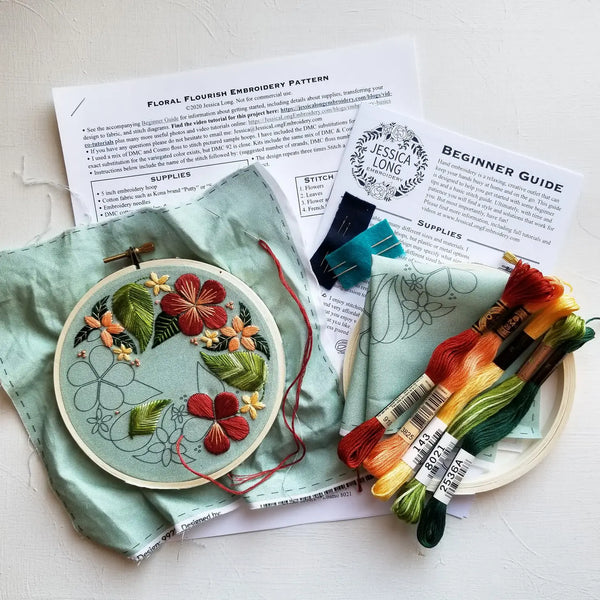 Floral Flourish Embroidery Kit by Jessica Long (Green)