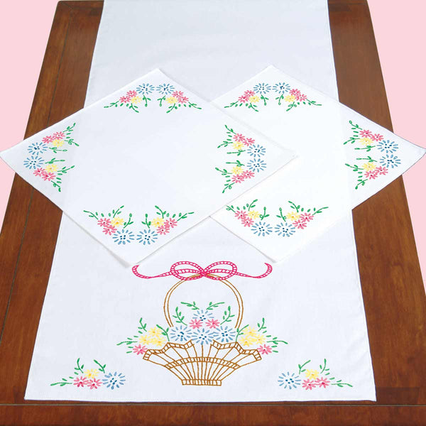 Basket of Daisies Scarf & Doilies Set Stamped Embroidery by JDNA 448-121