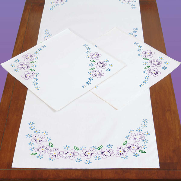 Lavender Flowers Scarf & Doilies Set Stamped Embroidery by JDNA 448-694