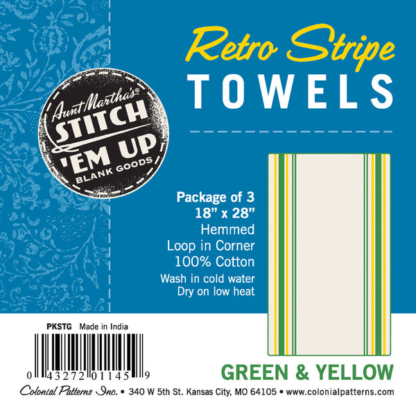 Tea Towels (3) Green & Yellow Retro Stripe 45cm x 71cm by Aunt Martha's