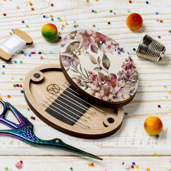 Old Mauve Floral Oval Magnetic Needle Case FLZB(N)-165 by Wonderland Crafts
